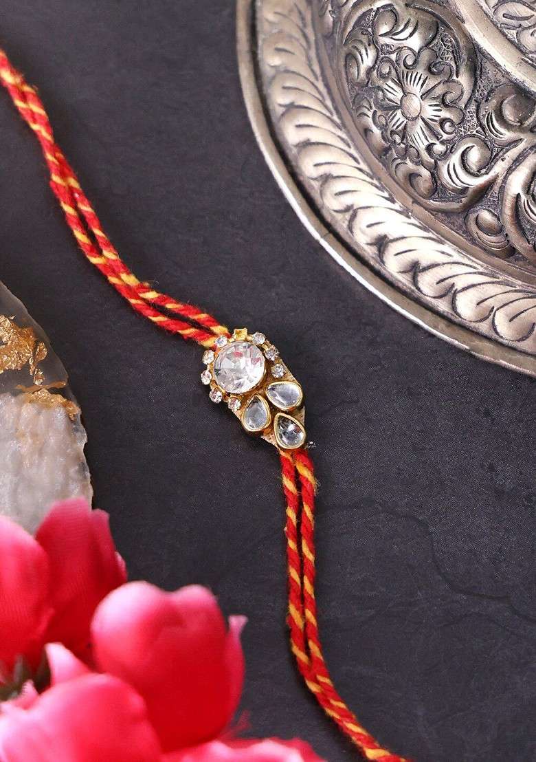 Unisex Set Of 3 Gold Plated Stone Studded Thread Rakhis With Roli Chawal - Indya