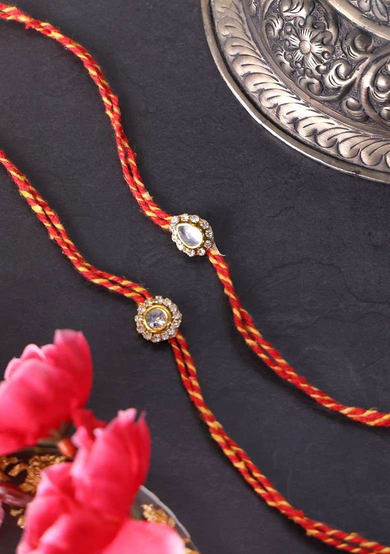 Unisex Set Of 3 Gold Plated Stone Studded Thread Rakhis With Roli Chawal - Indya