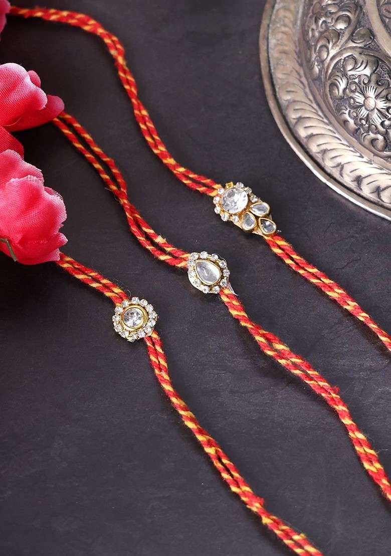 Unisex Set Of 3 Gold Plated Stone Studded Thread Rakhis With Roli Chawal - Indya