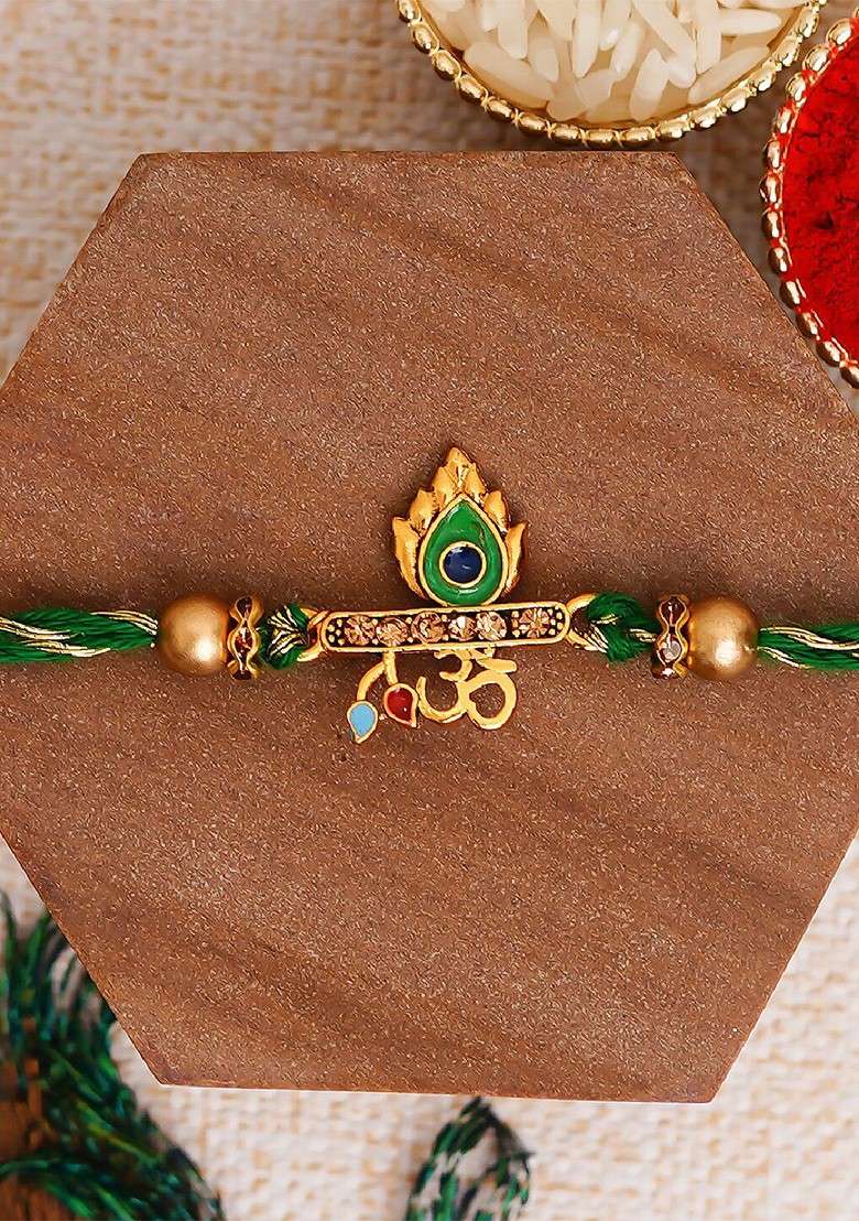 Green Om And Peacock Feather Religious Rakhi With Roli Chawal - Indya