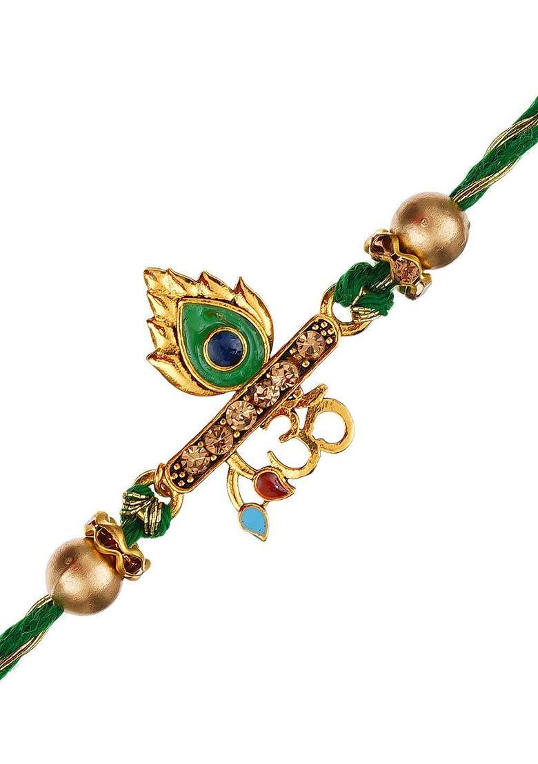 Green Om And Peacock Feather Religious Rakhi With Roli Chawal - Indya