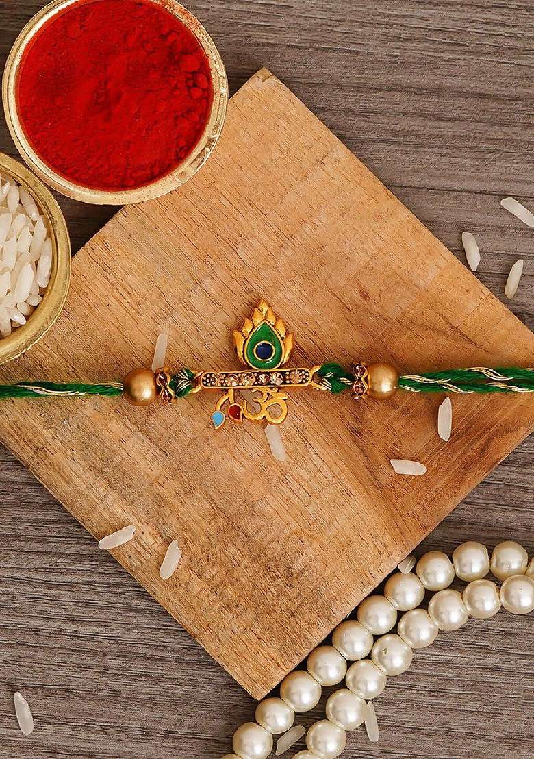 Green Om And Peacock Feather Religious Rakhi With Roli Chawal - Indya
