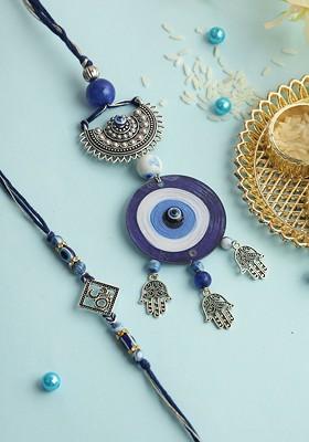 Set Of 2 Evil Eye Bhaiya Bhabhi Rakhi With Roli Chawal And Greeting Card