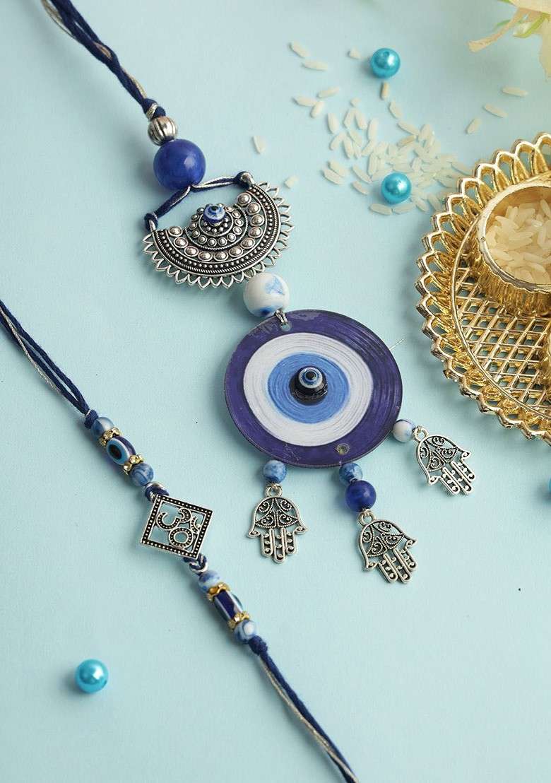 Set Of 2 Evil Eye Bhaiya Bhabhi Rakhi With Roli Chawal And Greeting Card - Indya