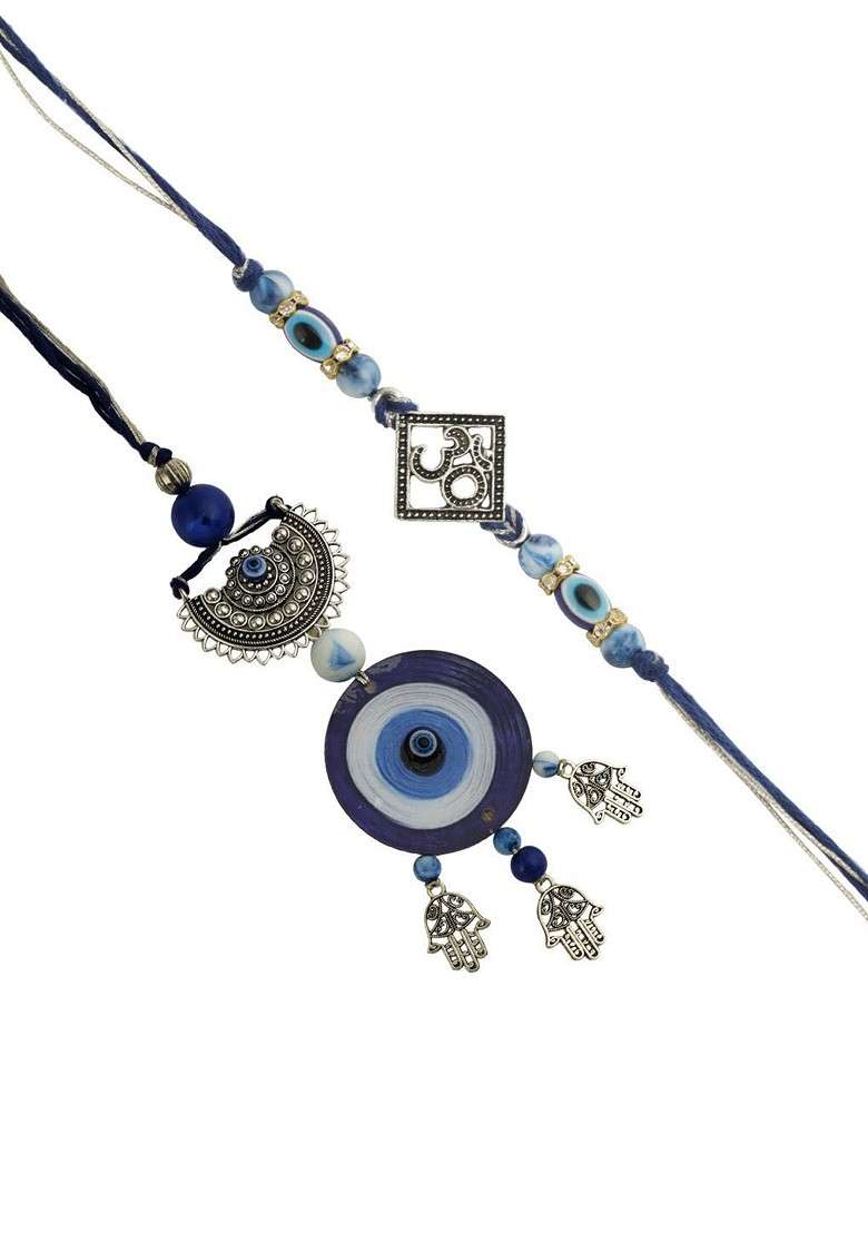 Set Of 2 Evil Eye Bhaiya Bhabhi Rakhi With Roli Chawal And Greeting Card - Indya