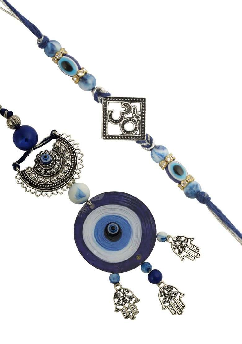 Set Of 2 Evil Eye Bhaiya Bhabhi Rakhi With Roli Chawal And Greeting Card - Indya