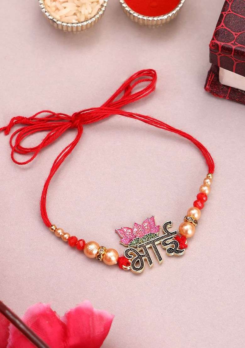 Gold Plated Name Of Bhai With Lotus Shaped Thread Rakhi With Roli Chawal - Indya