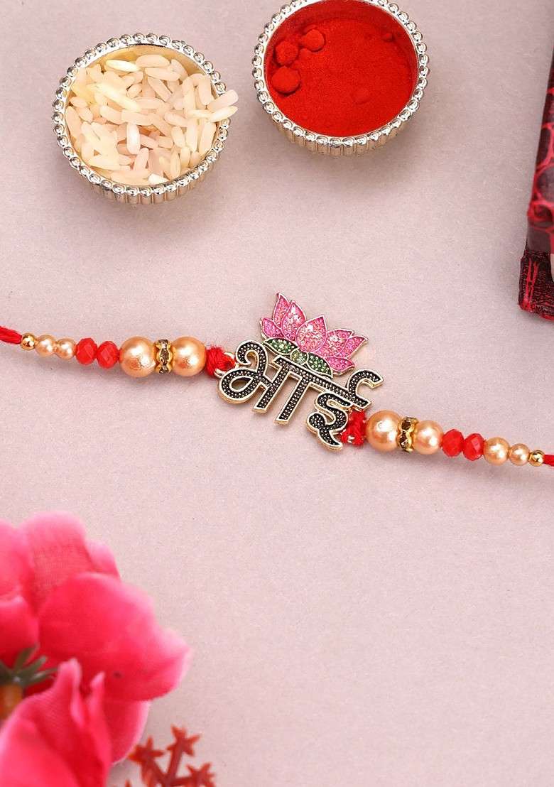 Gold Plated Name Of Bhai With Lotus Shaped Thread Rakhi With Roli Chawal - Indya