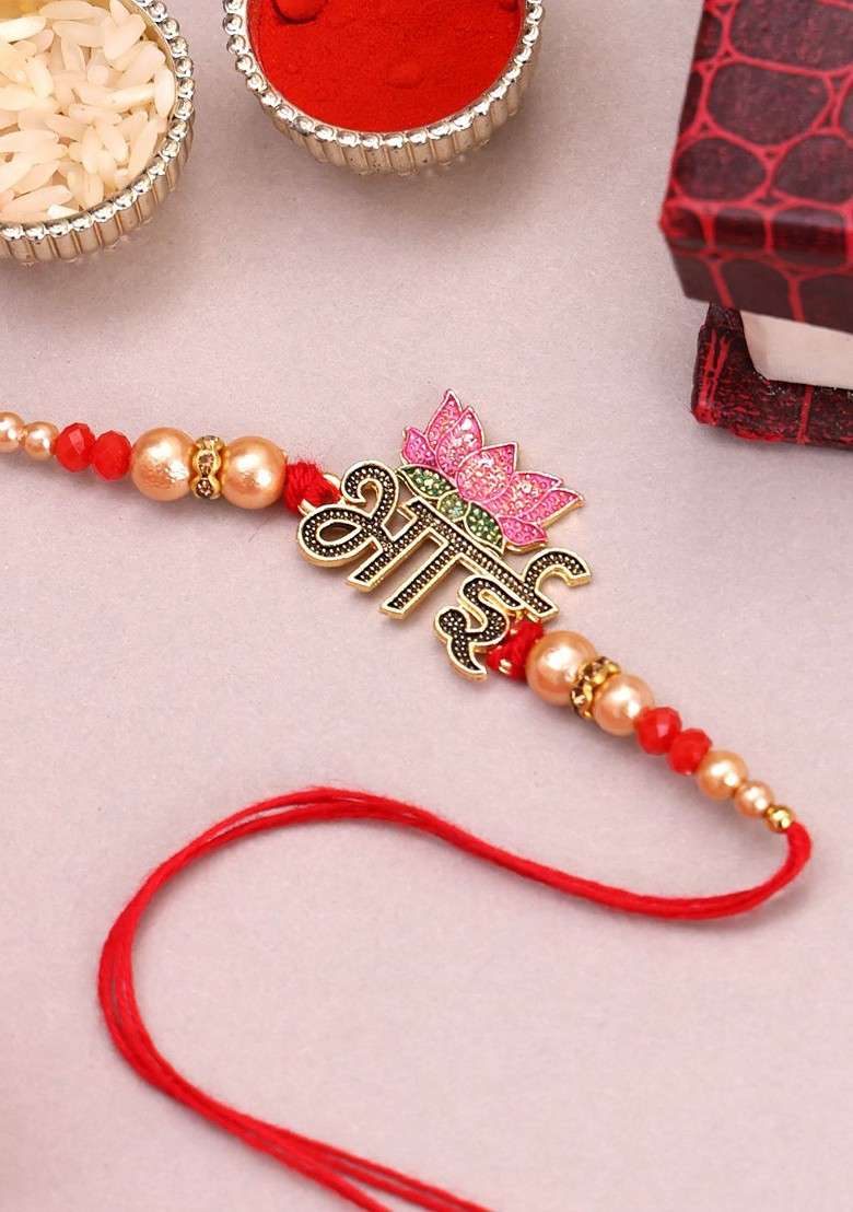 Gold Plated Name Of Bhai With Lotus Shaped Thread Rakhi With Roli Chawal - Indya
