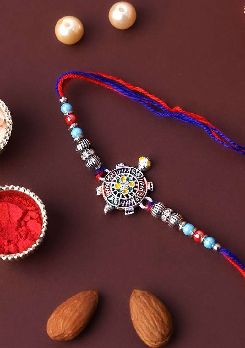 Silver Plated Tortoise Shaped Thread Rakhi With Roli Chawal - Indya