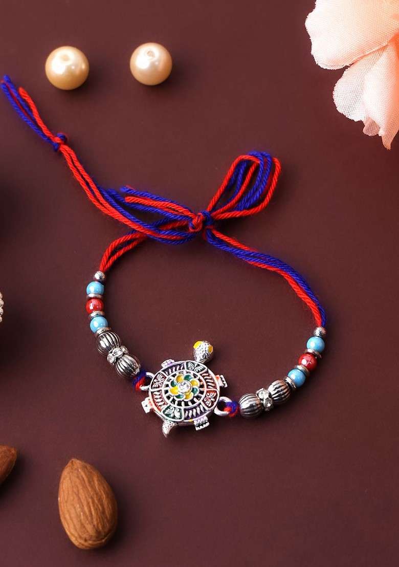 Silver Plated Tortoise Shaped Thread Rakhi With Roli Chawal - Indya