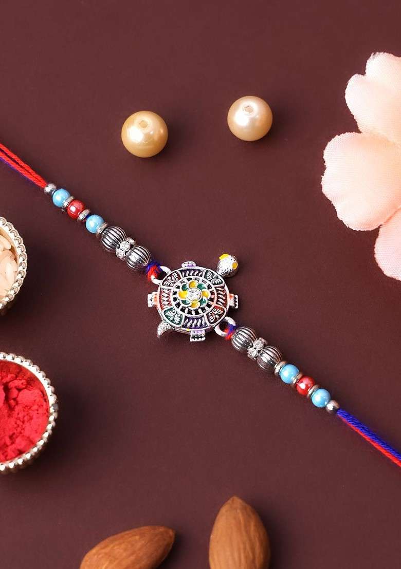Silver Plated Tortoise Shaped Thread Rakhi With Roli Chawal - Indya