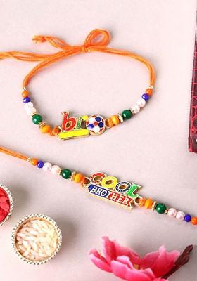 Set Of 2 Gold Plated Name Of Bro And Cool Brother Rakhis With Roli Chawal