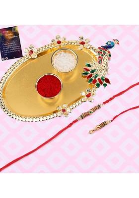Red 1 Rakhi With Pooja Thali Roli Chawal And Greeting Card