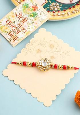 Men Red Kundan Studded Floral Design Thread Rakhi With Roli Chawal Chandan And Mishri