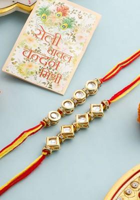 Set Of 2 Multicolor Kundan Studded Bhaiya Bhabhi Rakhi With Roli Chawal Chandan