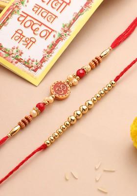 Set Of 2 Red Religious Bhaiya Bhabhi Rakhi With Roli Chawal Chandan And Mishri