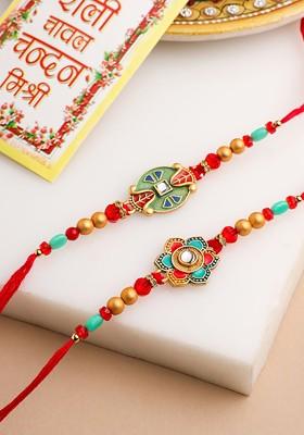 Set Of 2 Artificial Stones And Beads Bhaiya Bhabhi Rakhi With Roli Chawal Chandan