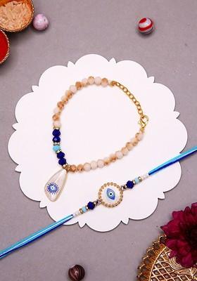 Artificial Stones Studded And Beaded Evil Eye Thread Rakhi With Bracelet