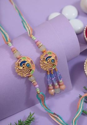 Set Of 2 Designer Hanging Bhaiya Bhabhi Lumba Rakhis Bracelet Combo Set