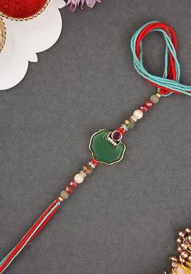Stones Studded And Beaded Thread Rakhi With Roli Chawal And Greeting Card