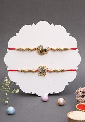 Set Of 2 Bhaiya Rakhi Combo With Charm Motifs And Golden Beaded Rakhi