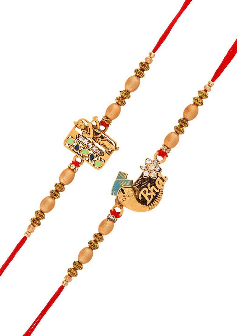 Set Of 2 Bhaiya Rakhi Combo With Charm Motifs And Golden Beaded Rakhi - Indya