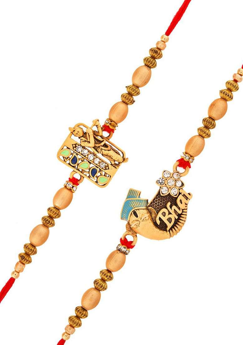 Set Of 2 Bhaiya Rakhi Combo With Charm Motifs And Golden Beaded Rakhi - Indya