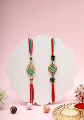 Set 0F 2 Mandala Beaded Thread Rakhi With Roli Chawal And Greeting Card