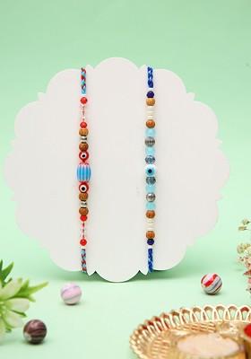 Set 0F 2 Evil Eye Thread Rakhi With Roli Chawal And Greeting Card