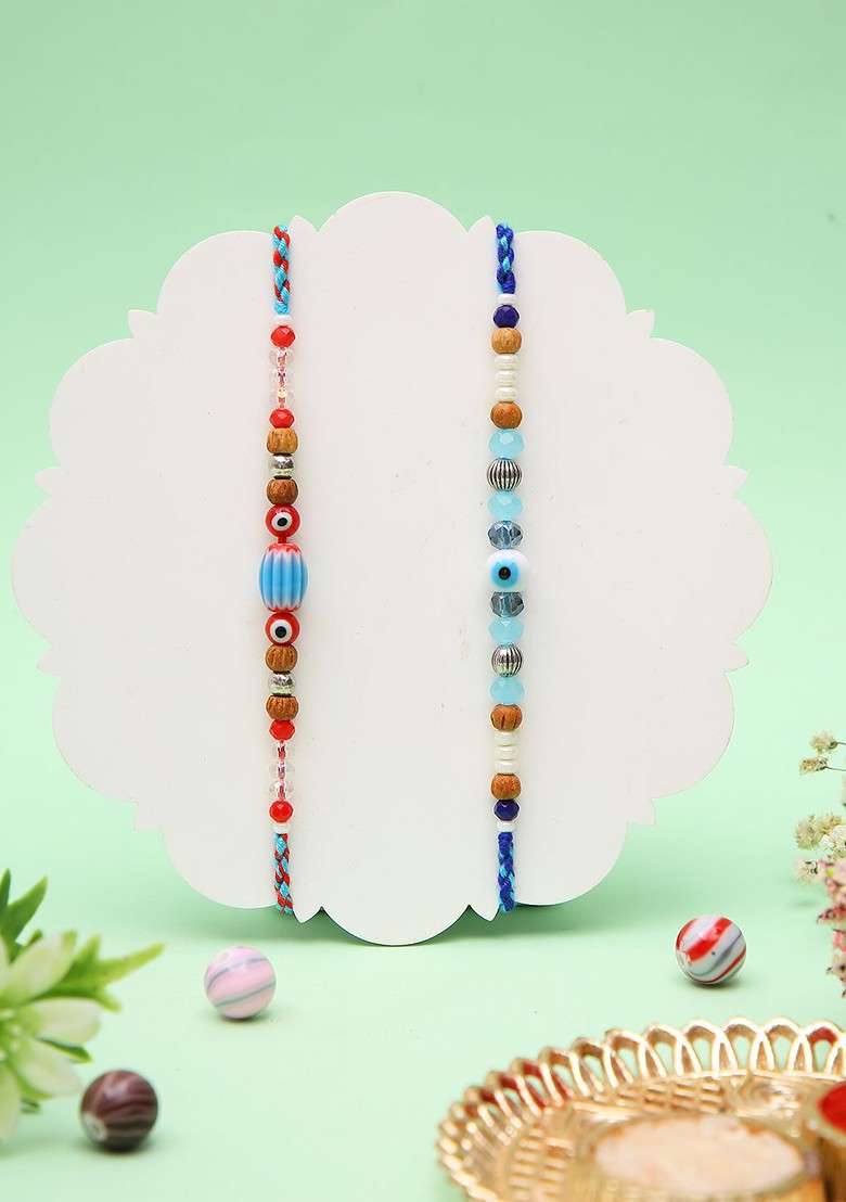 Set 0F 2 Evil Eye Thread Rakhi With Roli Chawal And Greeting Card - Indya