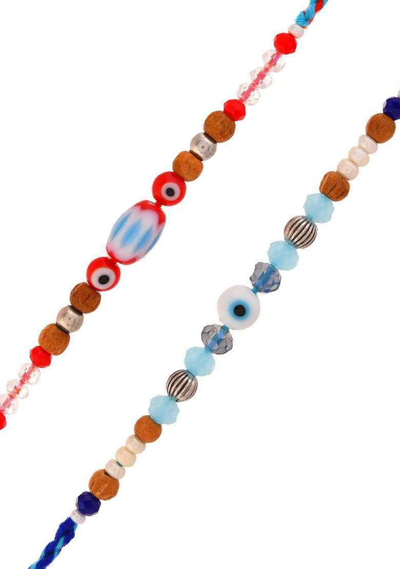 Set 0F 2 Evil Eye Thread Rakhi With Roli Chawal And Greeting Card - Indya