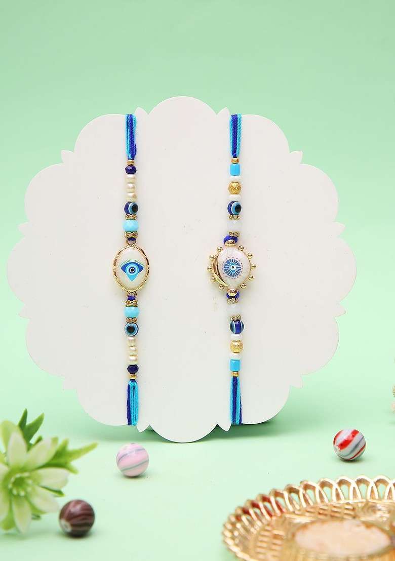 Set 0F 2 Evil Eye Thread Rakhi With Roli Chawal And Greeting Card - Indya