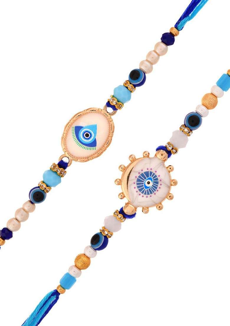 Set 0F 2 Evil Eye Thread Rakhi With Roli Chawal And Greeting Card - Indya