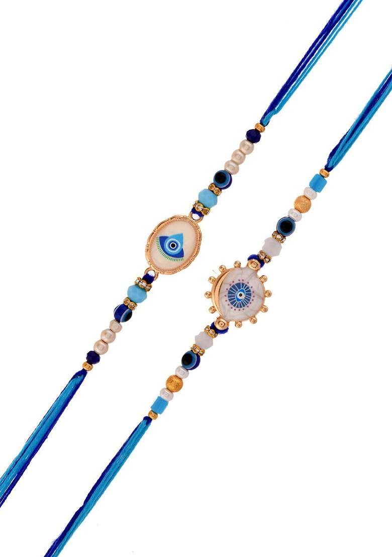Set 0F 2 Evil Eye Thread Rakhi With Roli Chawal And Greeting Card - Indya