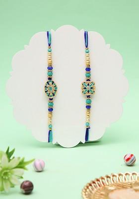 Set 0F 2 Stone Studded Thread Rakhi With Roli Chawal And Greeting Card