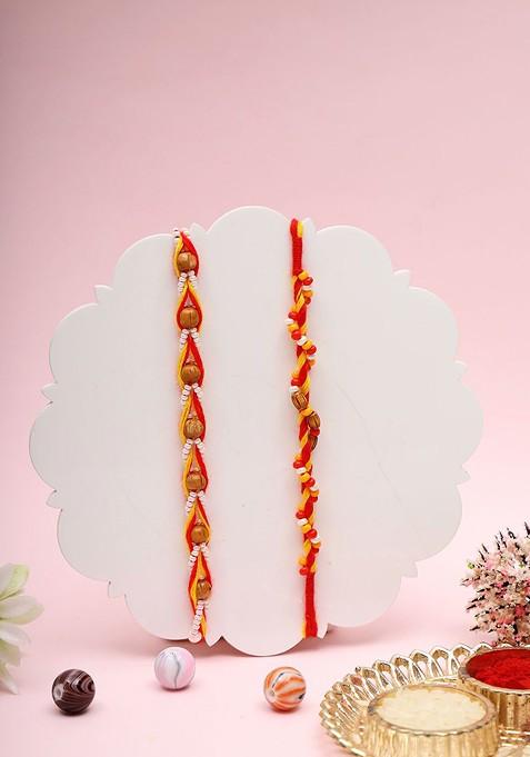 Set Of 2 Sacred Mauli Kalash Charms And Temple Style Accents Rakhi