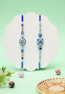 Set 0F 2 Evil Eye Thread Rakhi With Roli Chawal And Greeting Card