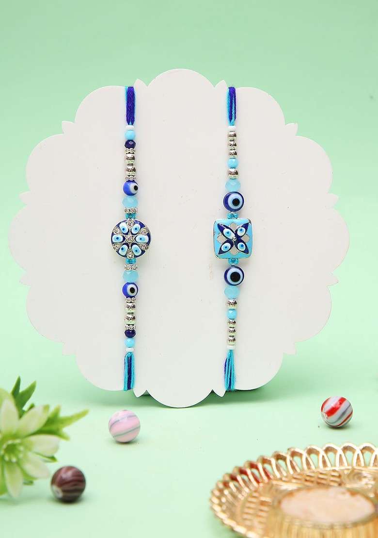 Set 0F 2 Evil Eye Thread Rakhi With Roli Chawal And Greeting Card - Indya