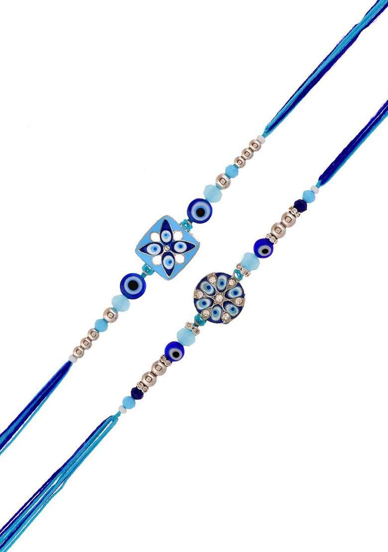 Set 0F 2 Evil Eye Thread Rakhi With Roli Chawal And Greeting Card - Indya