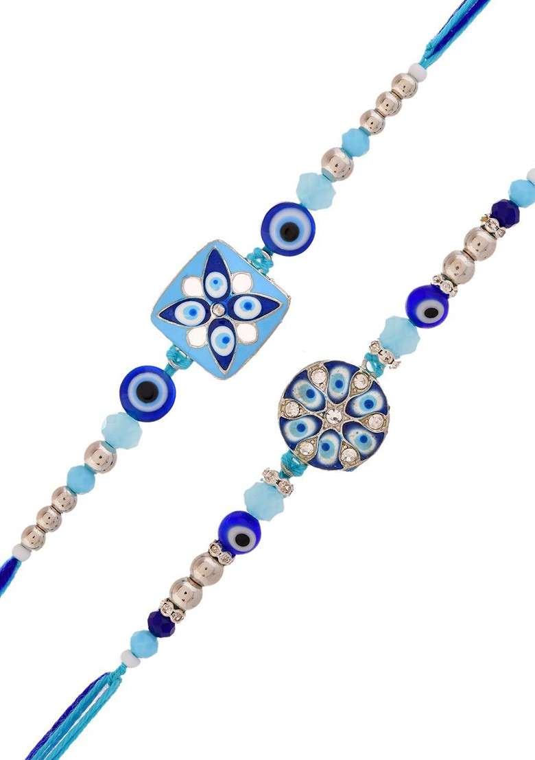 Set 0F 2 Evil Eye Thread Rakhi With Roli Chawal And Greeting Card - Indya