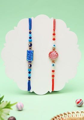 Set 0F 2 Evil Eye Thread Rakhi With Roli Chawal And Greeting Card