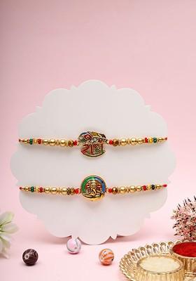 Set 0F 2 Lord Ganesha Thread Rakhi With Roli Chawal And Greeting Card