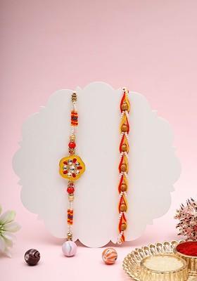 Set 0F 2 Kundan Studded Thread Rakhi With Roli Chawal And Greeting Card