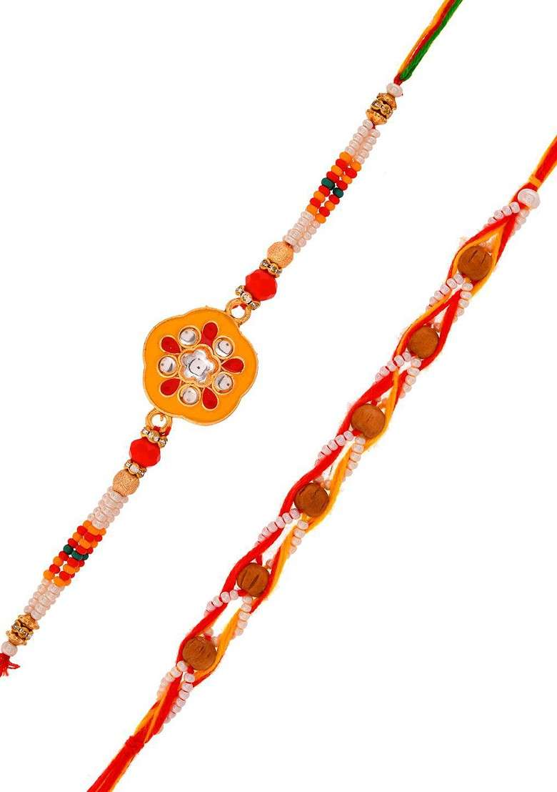 Set 0F 2 Kundan Studded Thread Rakhi With Roli Chawal And Greeting Card - Indya