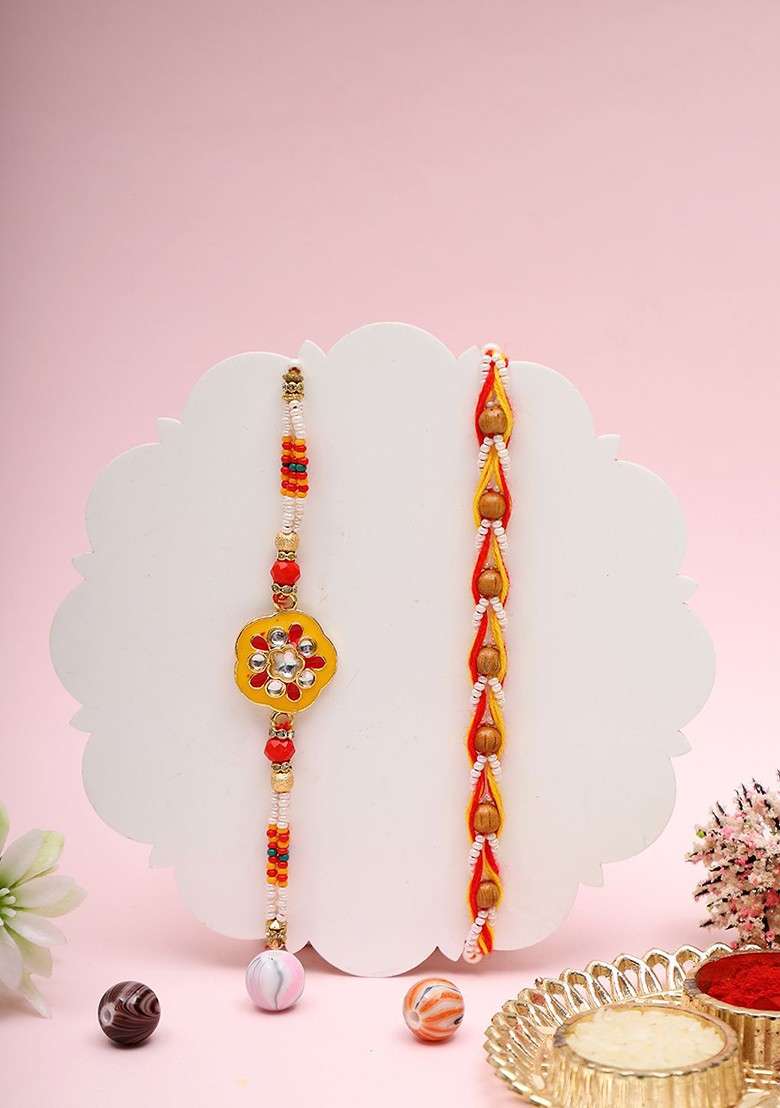 Set 0F 2 Kundan Studded Thread Rakhi With Roli Chawal And Greeting Card - Indya