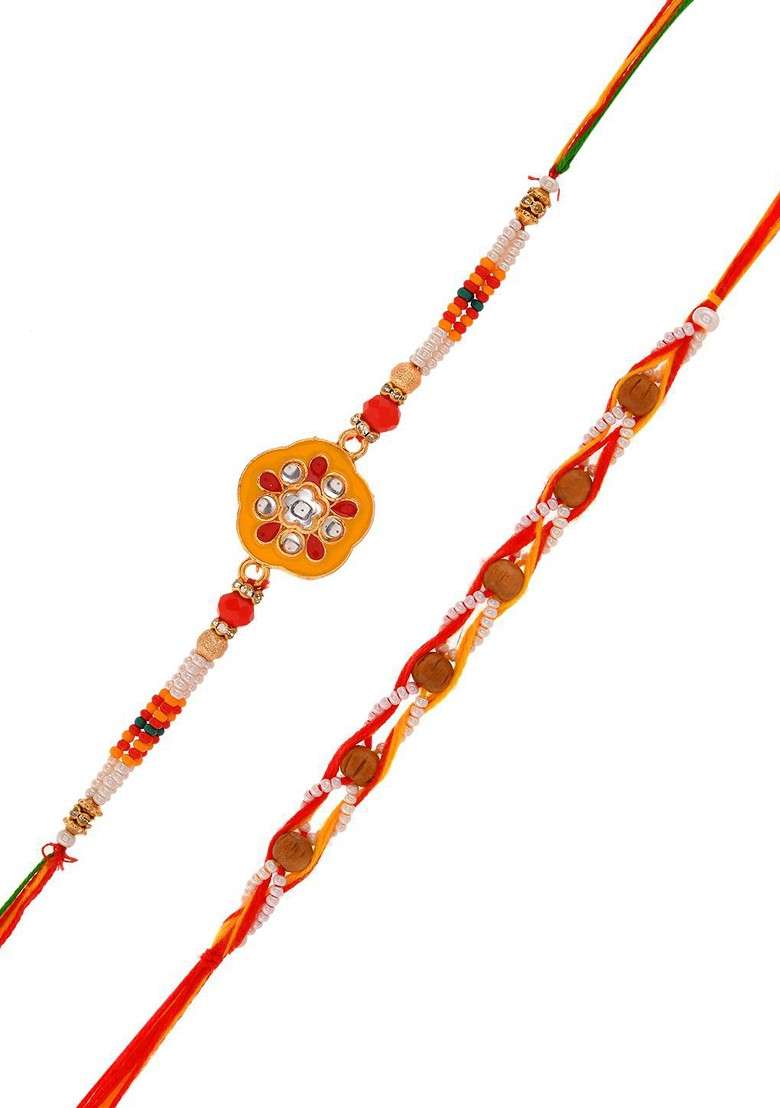Set 0F 2 Kundan Studded Thread Rakhi With Roli Chawal And Greeting Card - Indya