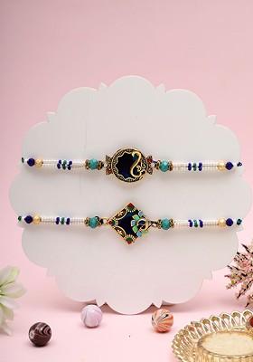 Set 0F 2 Meenakari Beaded Thread Rakhi With Roli Chawal And Greeting Card