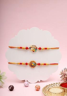 Set Of 2 Peacock And Floral Motif Beaded Thread Rakhi
