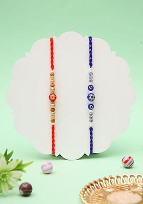 Set Of 2 Tribal Inspired With Evil Eye And Ethnik Red Beaded Charm Rakhi